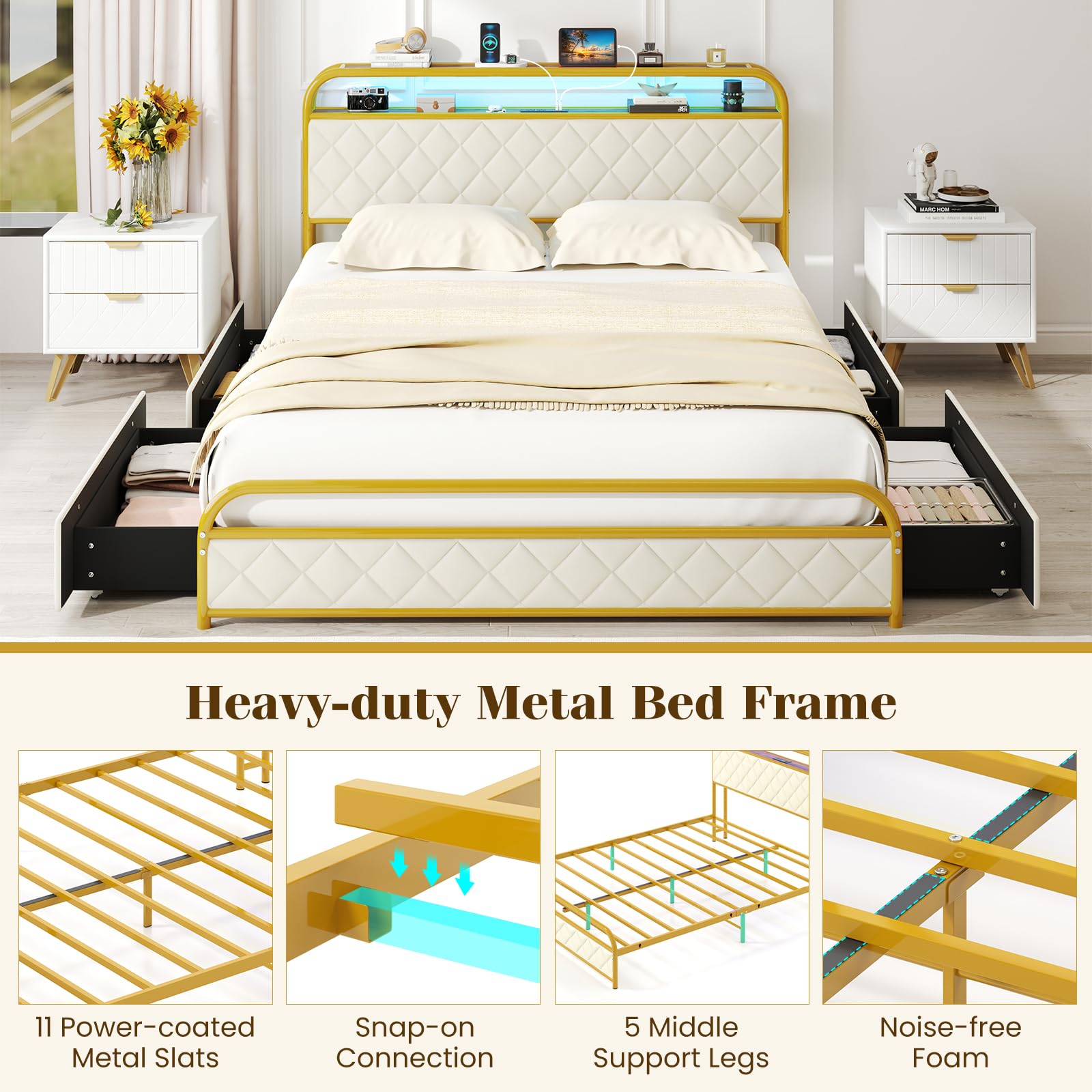Giantex Queen Bed Frame With RGB LED Headboard, USB Charging & 4 Storage Drawers | No Box Spring Needed