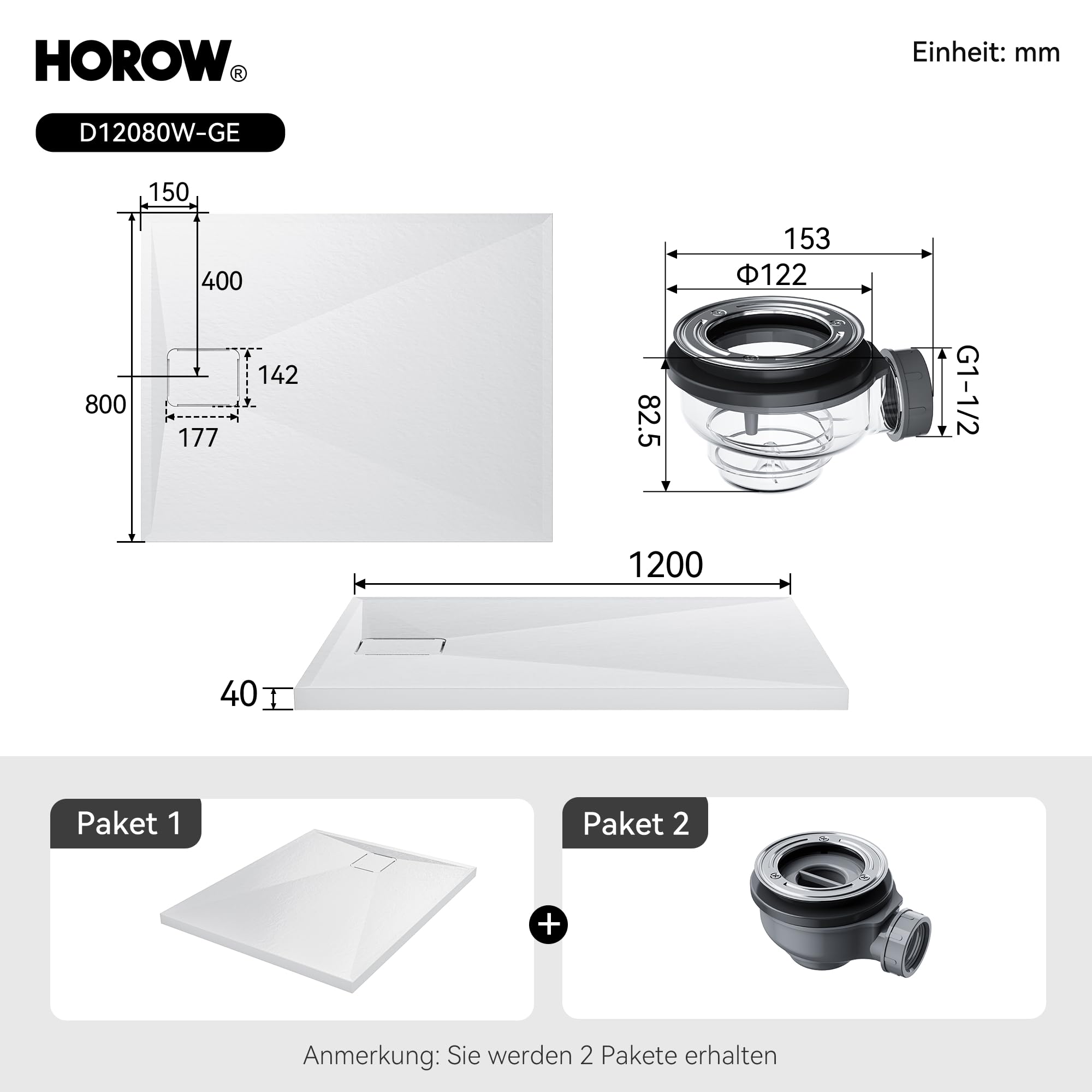 HOROW Plato de ducha acrílico, 120 x 80 x 4 cm, blanco, rectangular, plano, superficie antideslizante, fácil de limpiar con DIN con desagüe, resistente, para baño y ducha