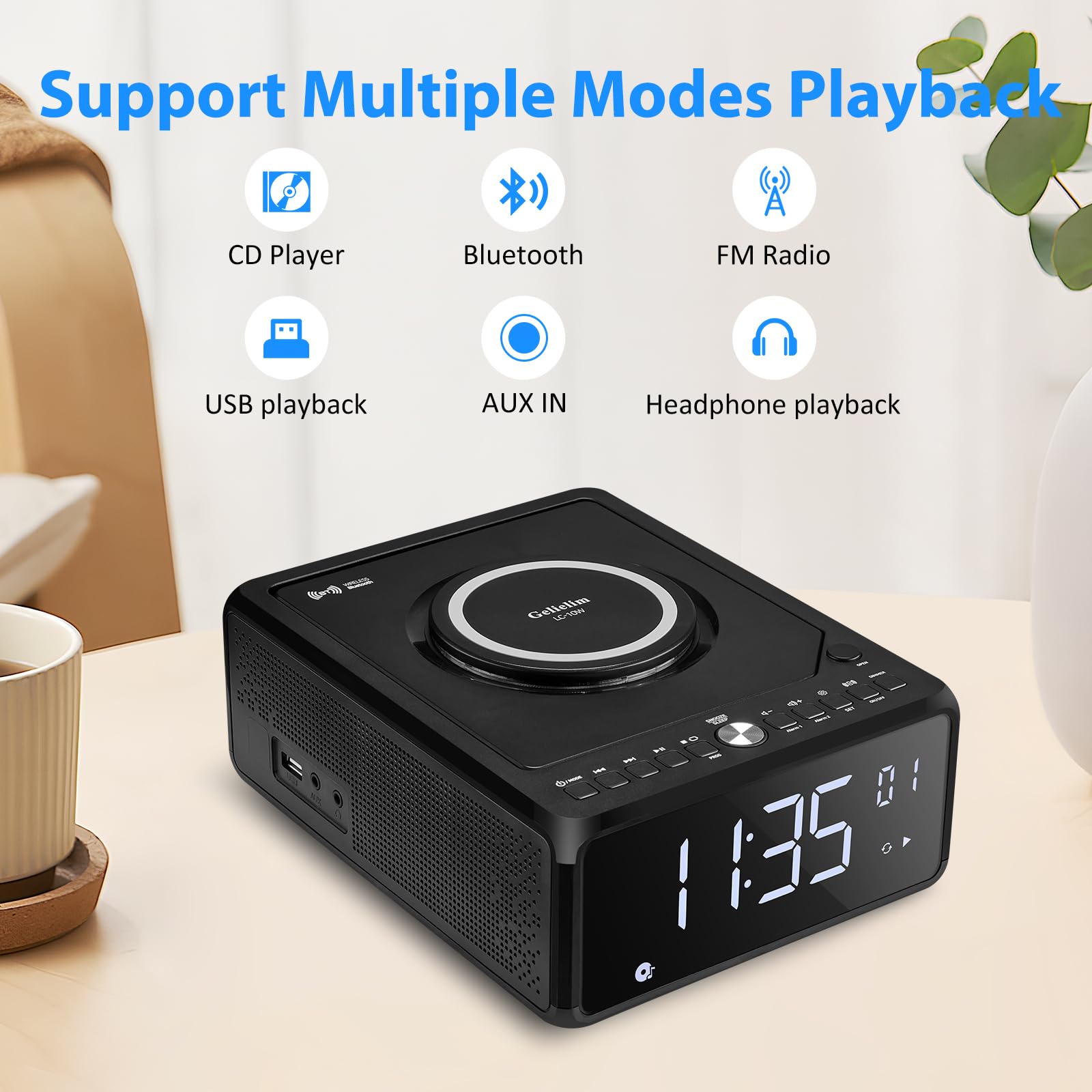 Gelielim Elegante reproductor de CD para el hogar, reloj despertador con carga inalámbrica, boombox Bluetooth con control remoto, radio FM (sin AM)/AUX/USB/temporizador/regulador, reproductor de CD