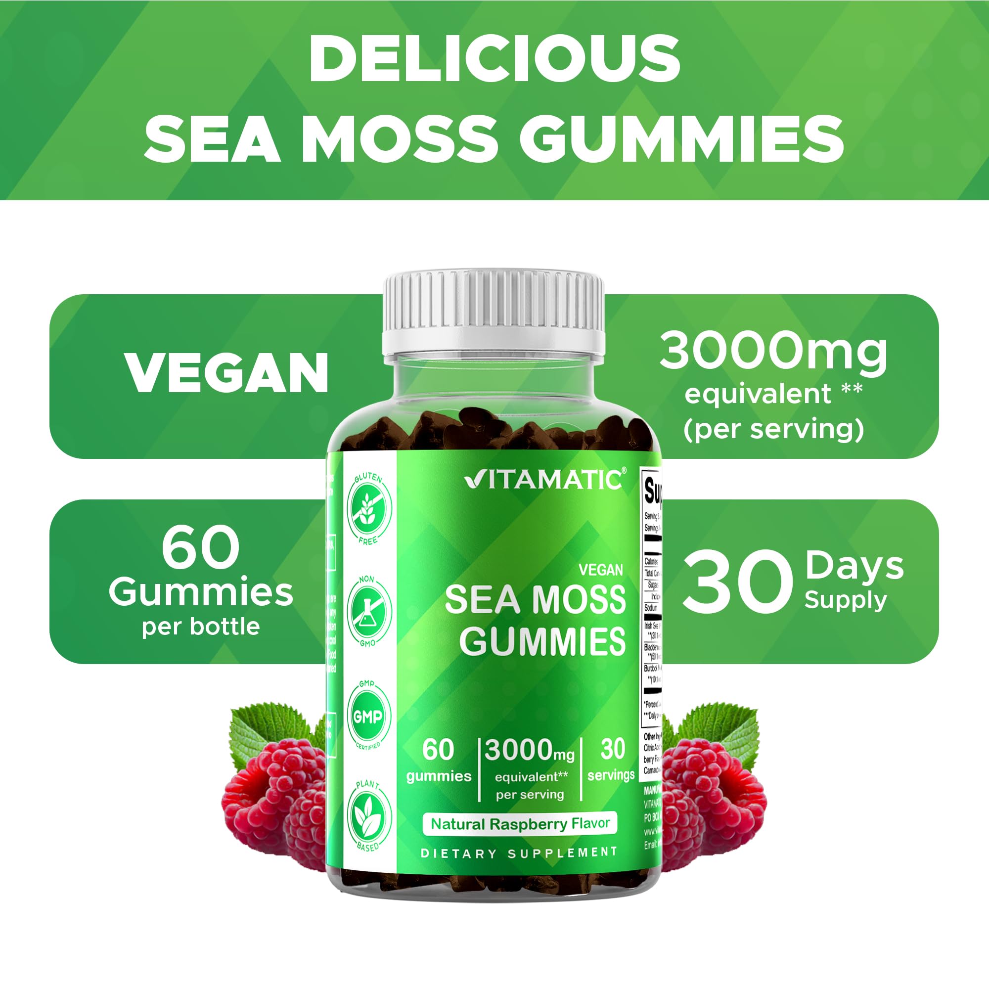 Vitamatic Irish Sea Moss Gummies with Bladderwrack & Burdock Root - 3000 mg - 60 Vegan Gummies