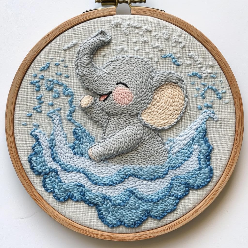 Punch Needle kit for Beginners, Punch Stitching kit for Adults, Needle Punch Kits for Adults – Baby Elephant Playing in Water DIY Embroidery Set