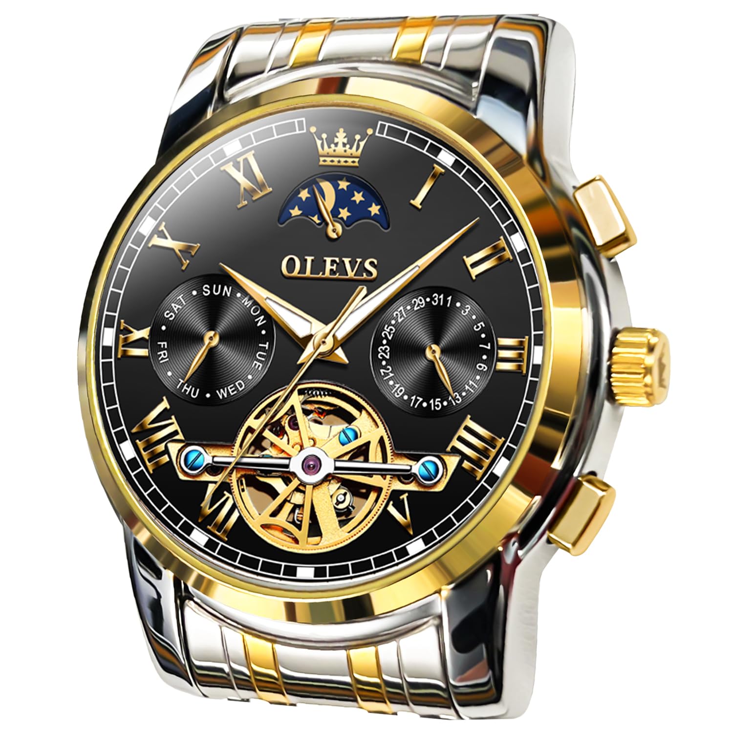 Luxury Automatic Watch No Battery Men Mechanical Waterproof Stainless Steel Wrist Watch Tourbillon Skeleton Self Winding Wristwatch Adjustable Bracelet(No Battery Required)