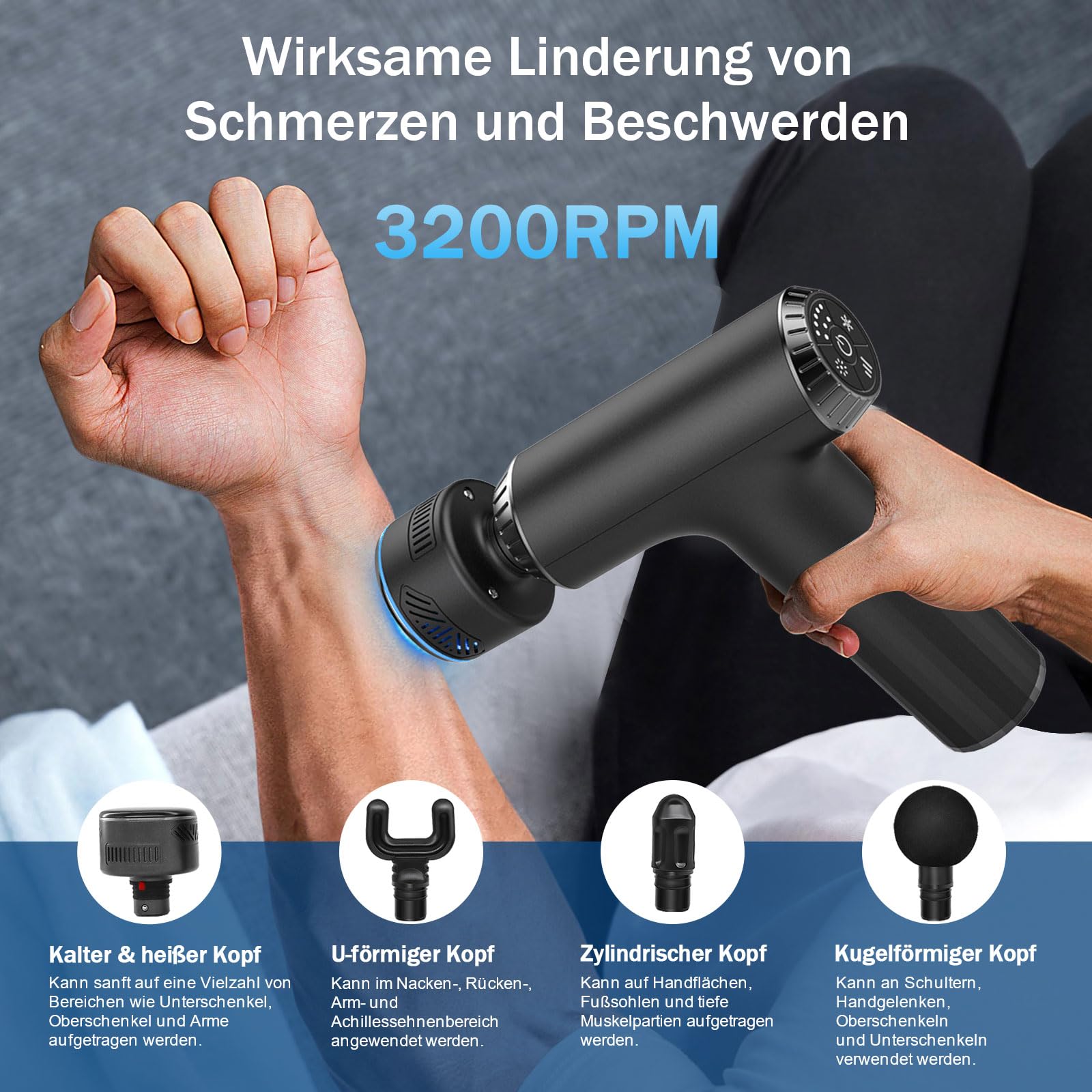 2 in 1 Massagepistole mit Wärme und Kälte, Mini Massagegerät mit Verlängertem Griff, Massage Gun mit Hitze KäLte Function,Tiefengewebe Muskel Massagegerät, 4 Köpfe & Koffer