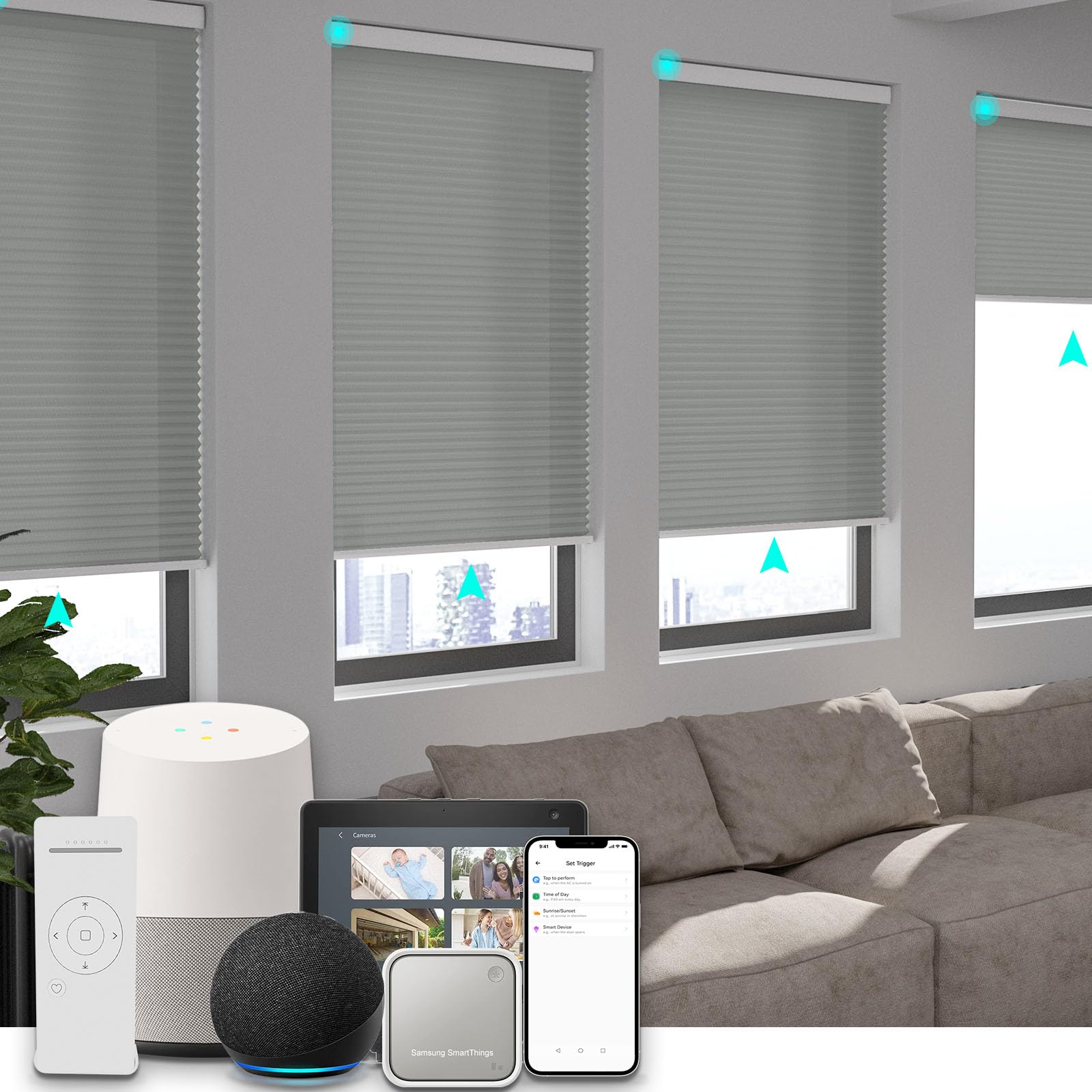 Changshade Smart Motorized Cellular Shades Remote Control for Indoor Windows Doors Custom Size Electric Automatic Light Filtering Honeycomb