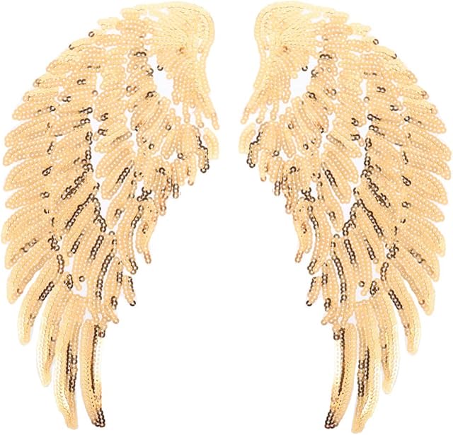 Amosfun Sequins Large Angel Wings Diy Wing Sew on Big Patches Applique Iron on Wings for Jacket Coat Cloth Christmas Craft Angel Devil Evil Cosplay Wings Golden