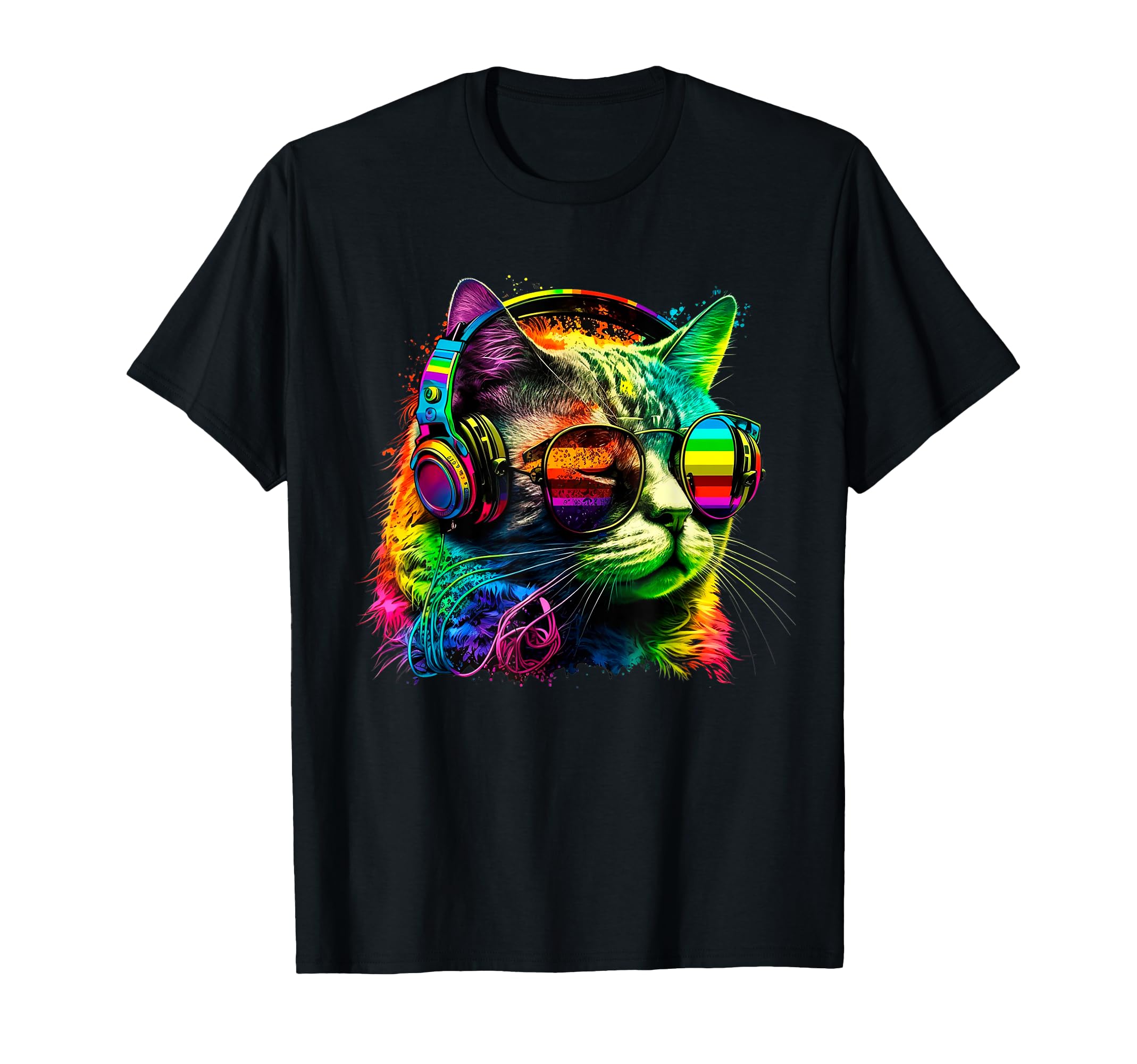 Rainbow DJ Cat with Sunglasses Headphones Music Funny Kitty T-Shirt