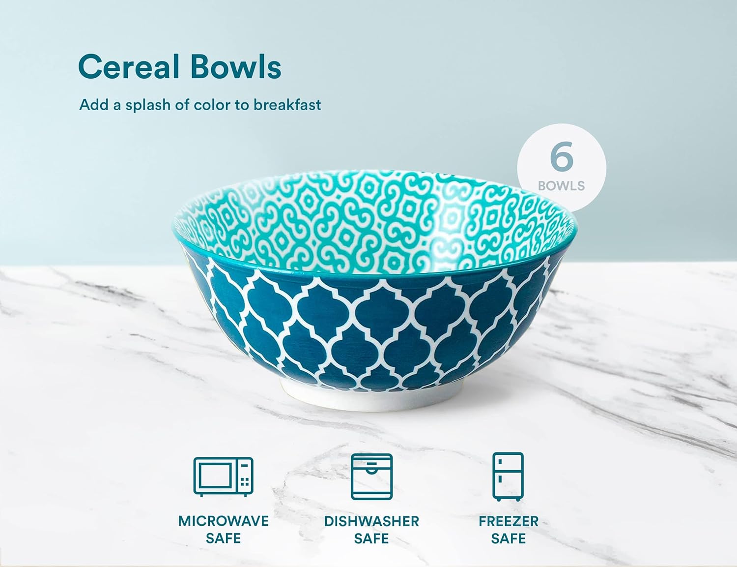 KooK Colorful Bowl, Ceramic Porcelain Bowls for Cereal, Fruit, Vibrant Patterned, Multi Color Designs, Housewarming Gift and Kitchen Decor for Soup, Salad, Set of 6, 18oz (Colorful) - Image 7