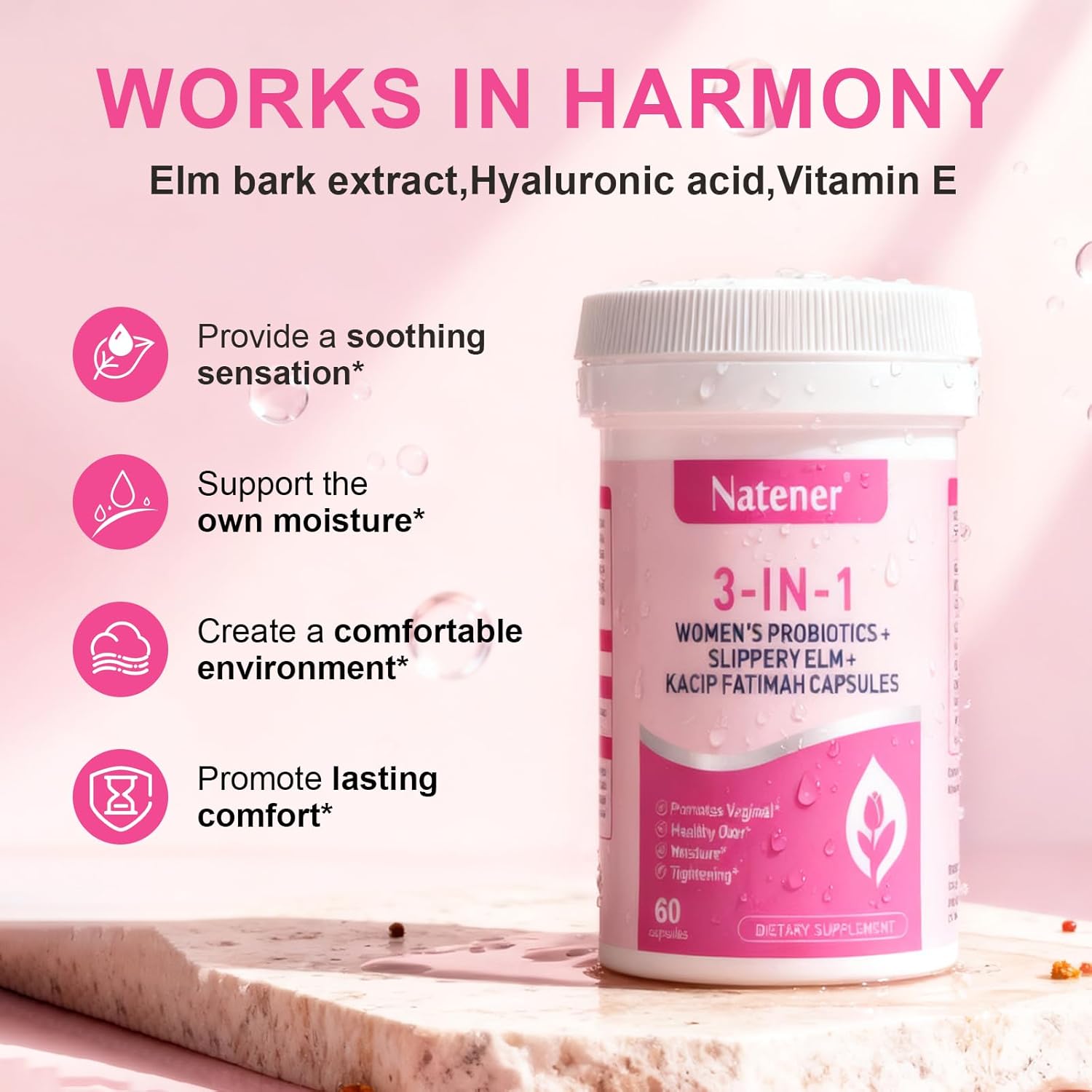 3 in 1 Vaginal Probiotics for Women - 600mg Slippery Elm + 200mg Kacip Fatimah +100mg Hyaluronic Acid - Supports Vaginal Moisture*, PH Balance*, Healthy Odor*, Tightening*, 60 Capsules - Image 4