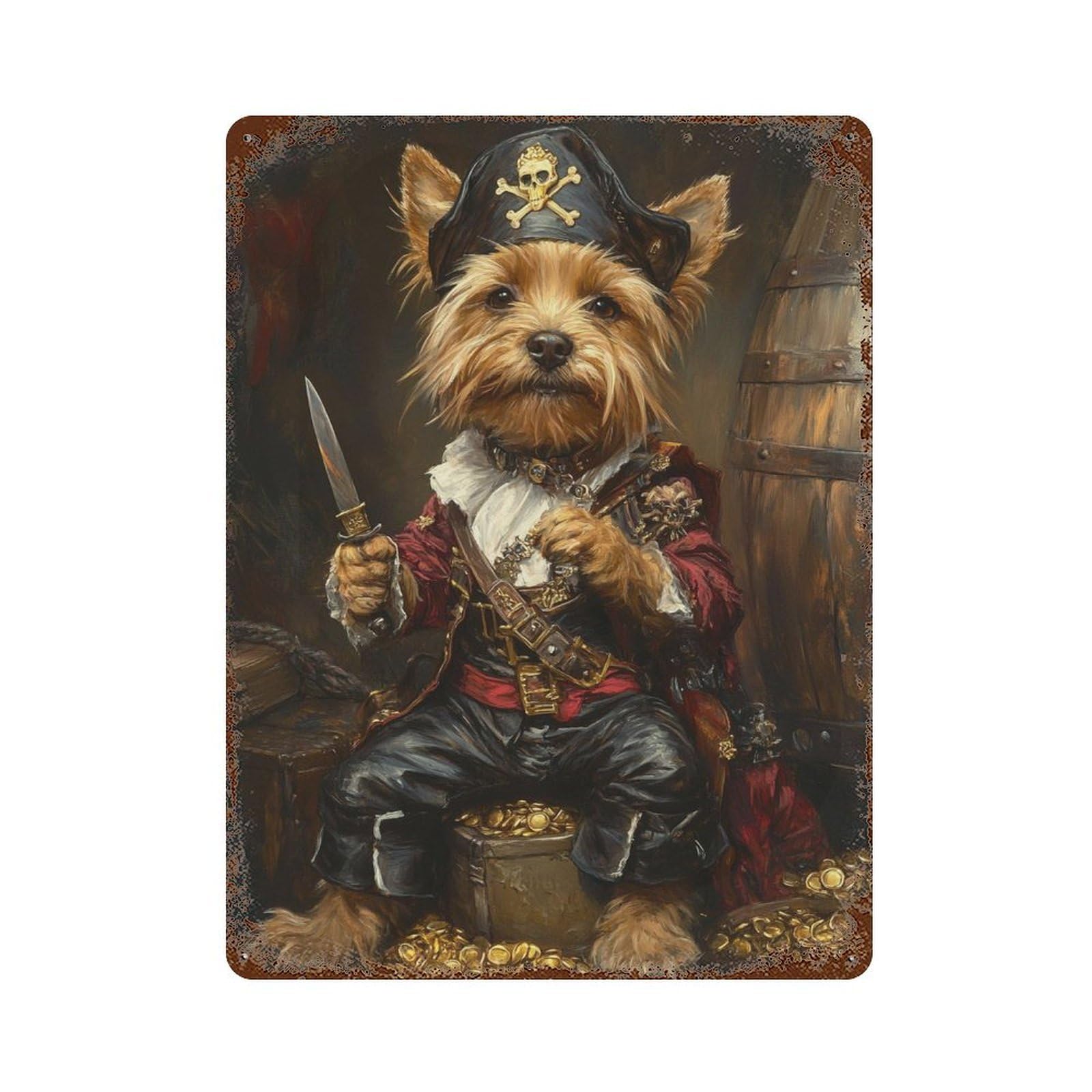 Pirate Dog Treasure Chest-1 Aged Metal Wall Plaque 15.7"x11.8", Industrial Home Decor for Pub, Kitchen And Man Cave Decor