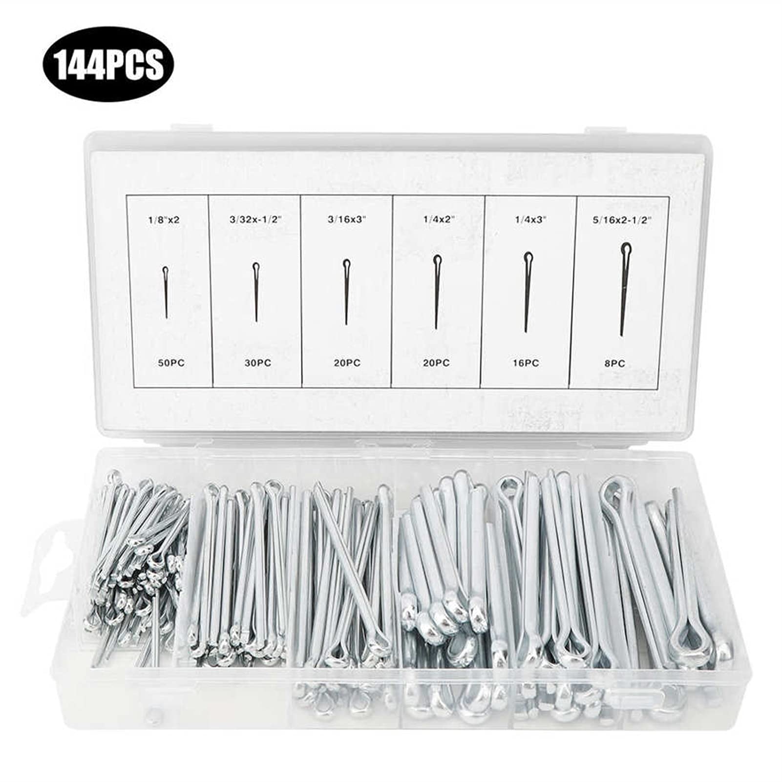 WQAZ Tornillos de Cabeza Hueca 144pcs Cotter Pin Surtido Conjunto Kit Galvanizado Hierro Resistencia a la corrosión Split Pins De Alta Resistencia y antioxidante.