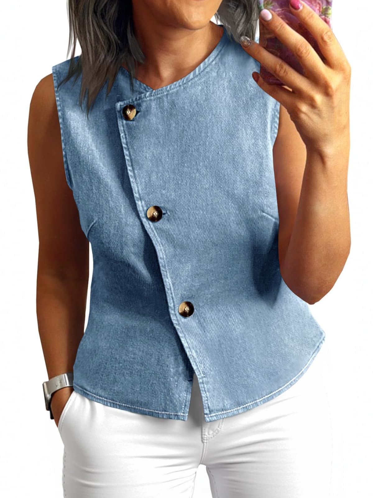 Womens Denim Vest Tops 2026 Spring Summer Button Down Sleeveless Blazer Business Casual Work Waistcoat-image-21