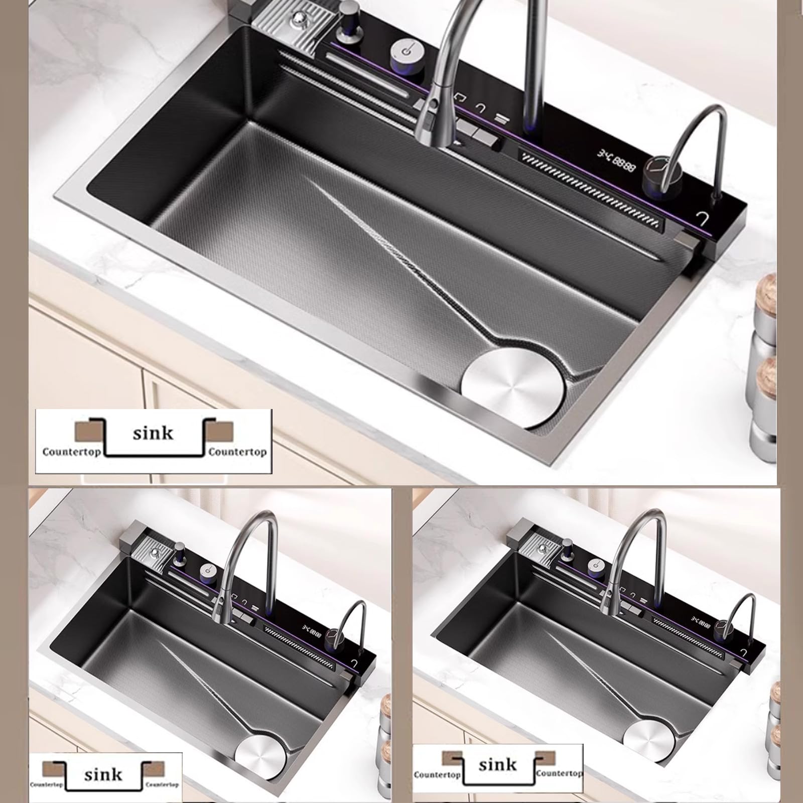Premium 304 stalowy czarny i biały zlew kuchenny z kranem wodospadowym, pojedyncza miska, wielofunkcyjny design, zawiera akcesoria, 68 x 46 x 22 cm, nowoczesny
