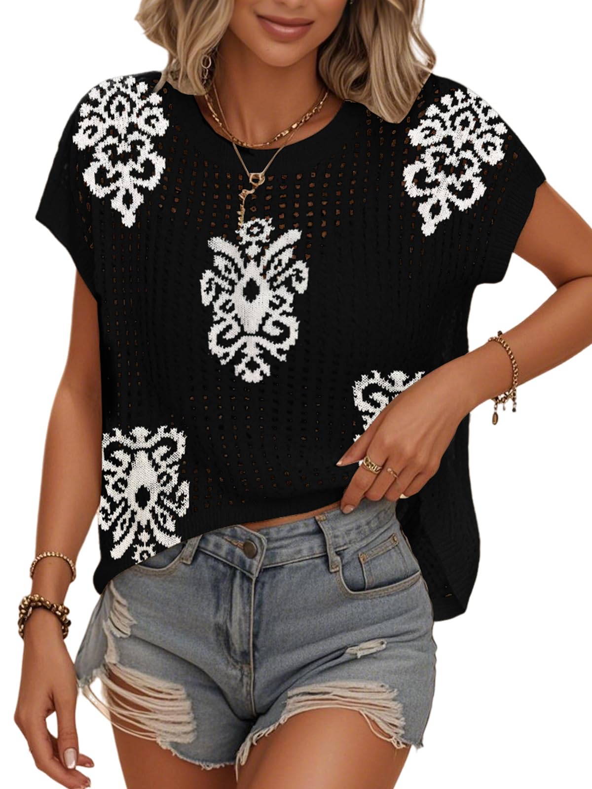Womens Summer Crochet Tops Hollow Out Cap Sleeve Cover Up Tank Top Pullover Sweater Vest Beach Vacation Clothes