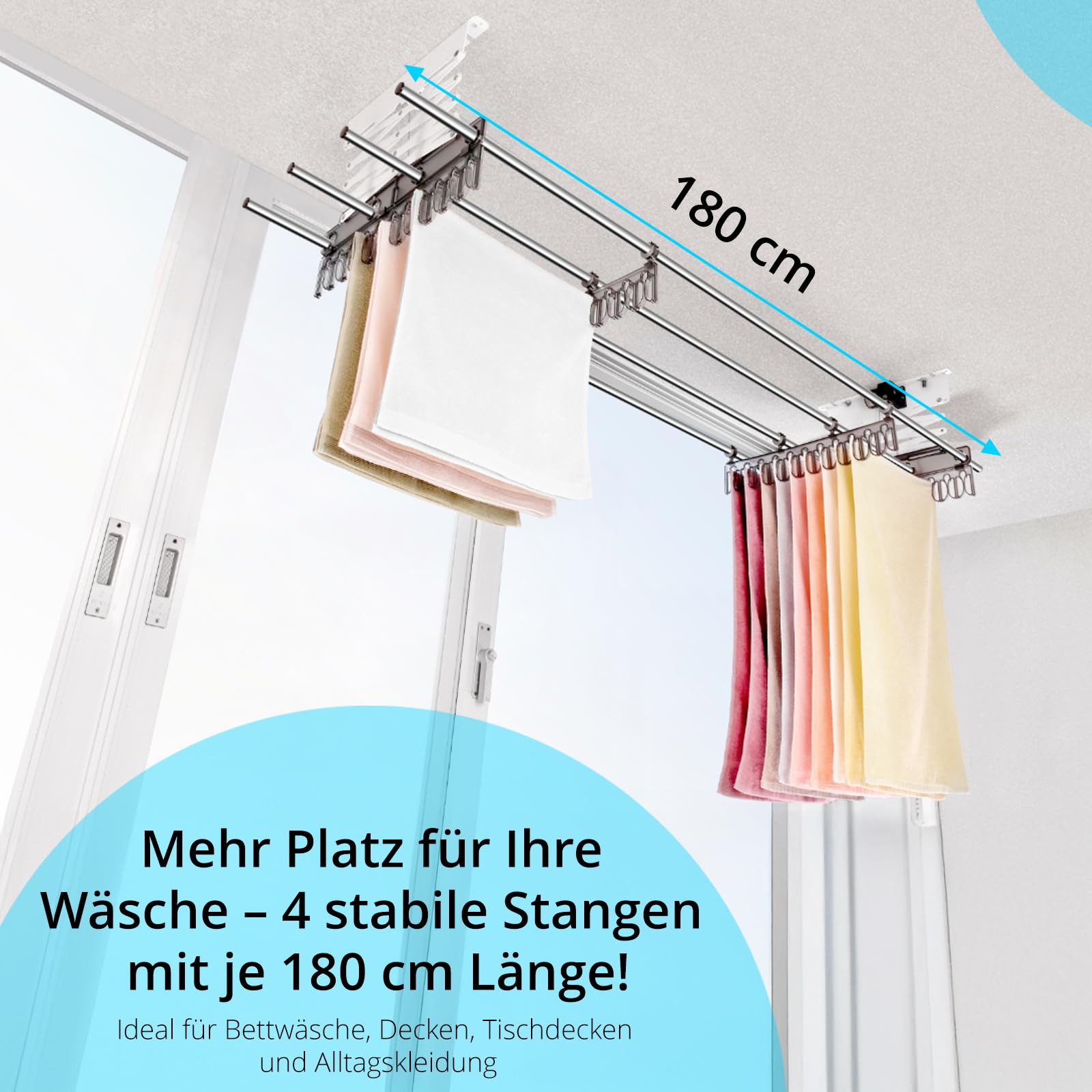 wellex Deckenwäschetrockner 4 x 180 cm Edelstahlrohre mit Halterungen Wäschetrockner für die Decke Tragkraft bis 20 kg Silber