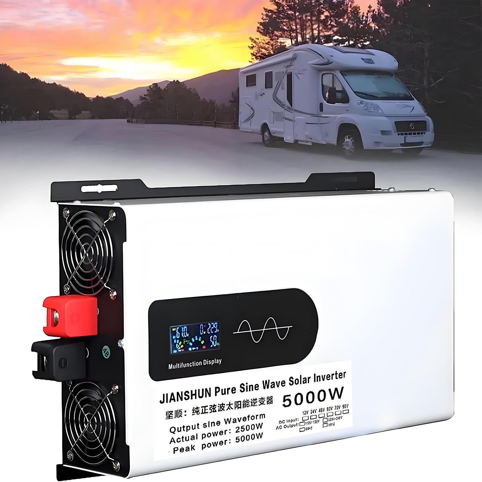 Inversor de Onda Sinusoidal Pura de 5000W Inversor de Onda Sinusoidal Pura,Inversor Solar Híbrido Con Pantalla LCD,Adaptador de Cargador Rápido Para Coche,Adaptador de Enchufe Para Portátil,110V-72V