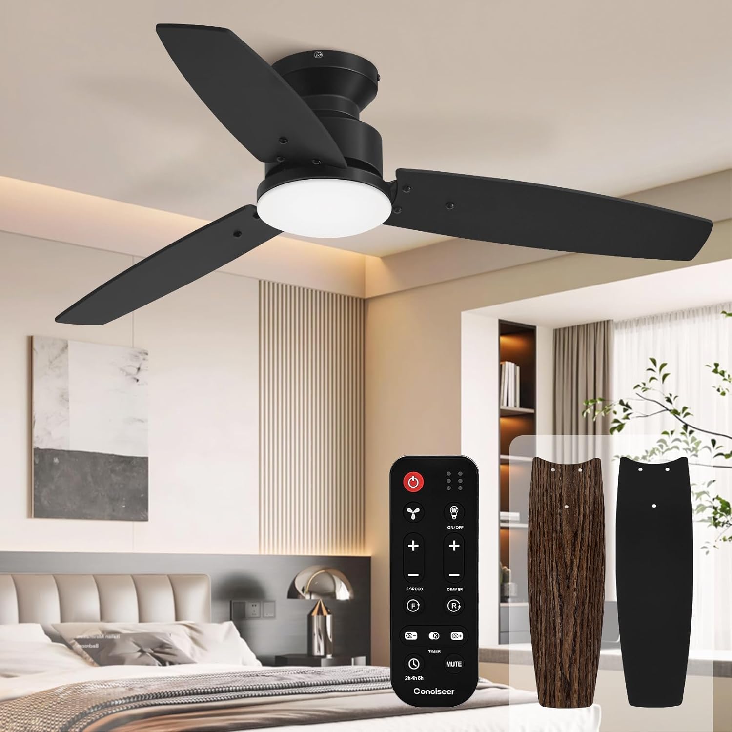 Modern 42 Inch Ceiling Fans with Lights and Remote Bedroom Living Room Office Flush Mount 18W 3CCT Dimmable