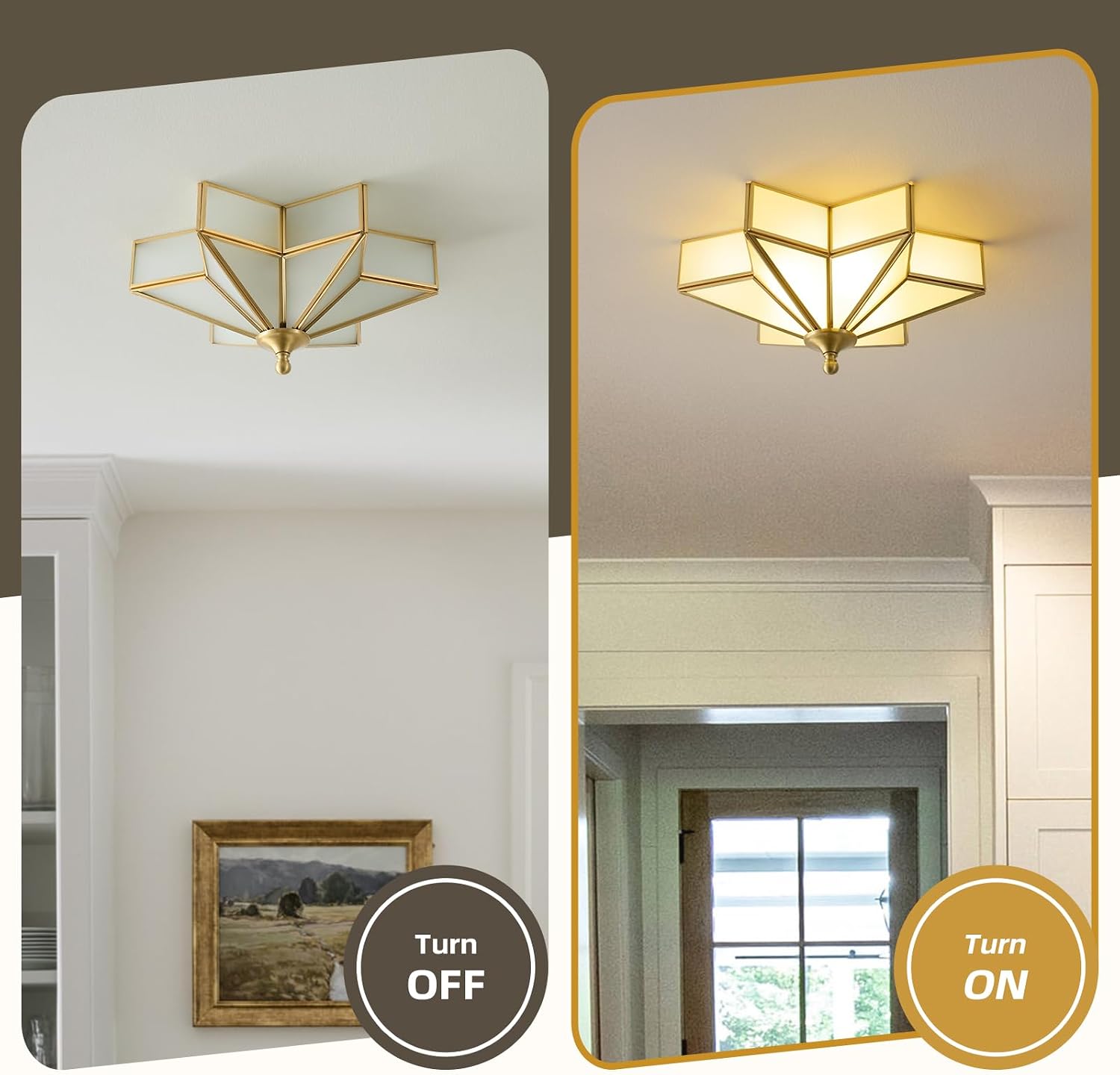 Star Brass Vintage Ceiling Light - 12.2 in Small Milk Glass Antique Brushed Gold Flush Mount Fixture, Mid Century Art Deco Overhead Lighting for Kitchen Hallway Bedroom Bathroom Laundry Entryway Hall