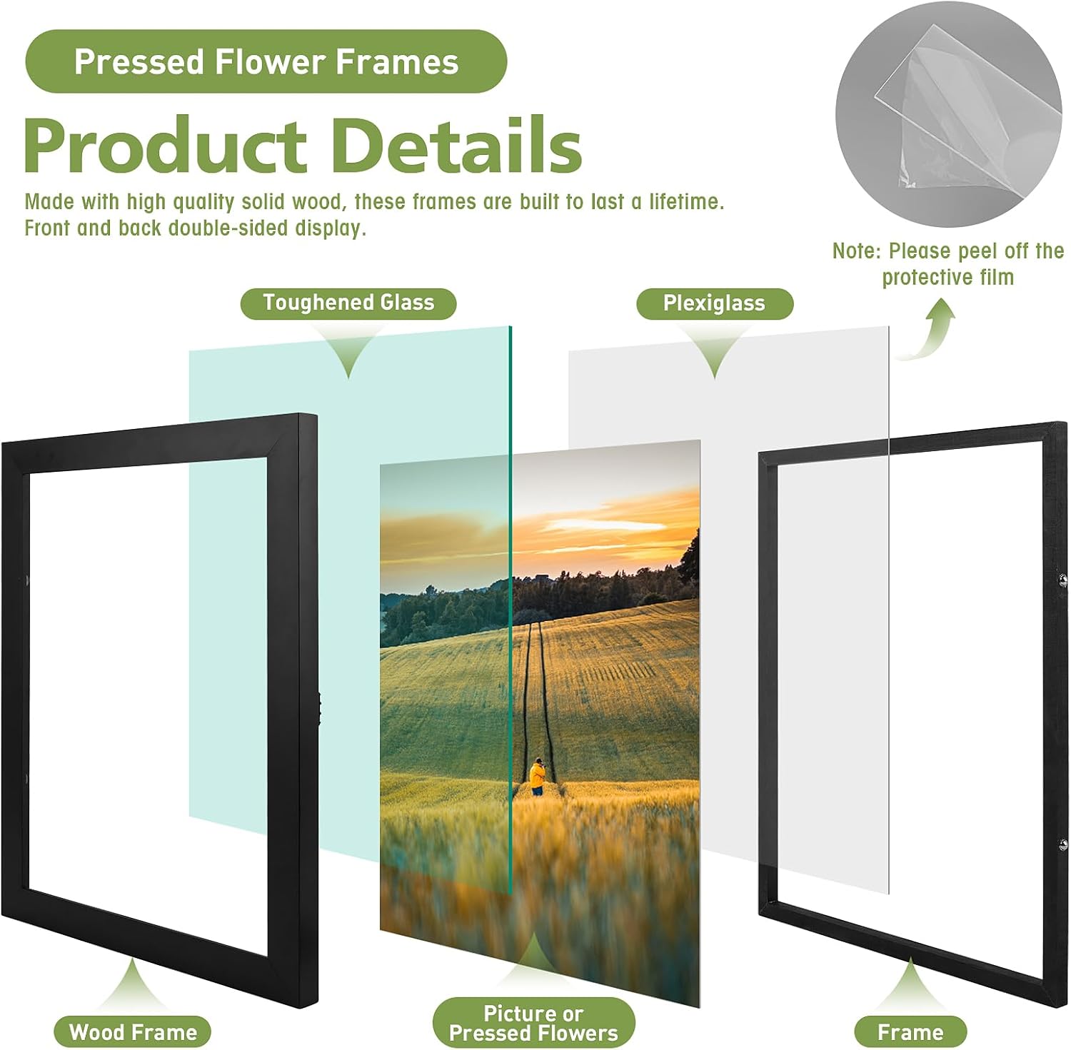9x12 Pressed Flower Frames - Black Floating Frame - Real Glass Front - Display 6x8 Picture with Floating or 9x12 Picture without Floating - Solid Wood Frame for Wall Mounting - Black - 2 Pack
