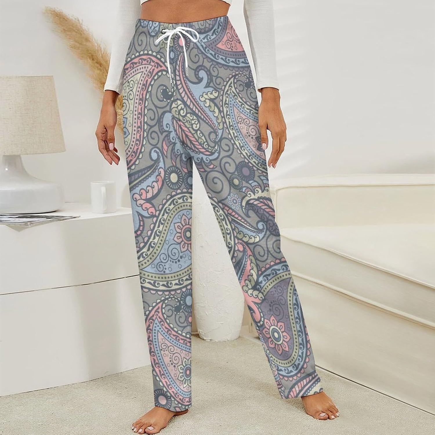 Womens Colorful Pattern Pajama Pants Flannel Drawstring Elastic Waist Wide Leg Bottoms Lounge Pants for Autumn Winter
