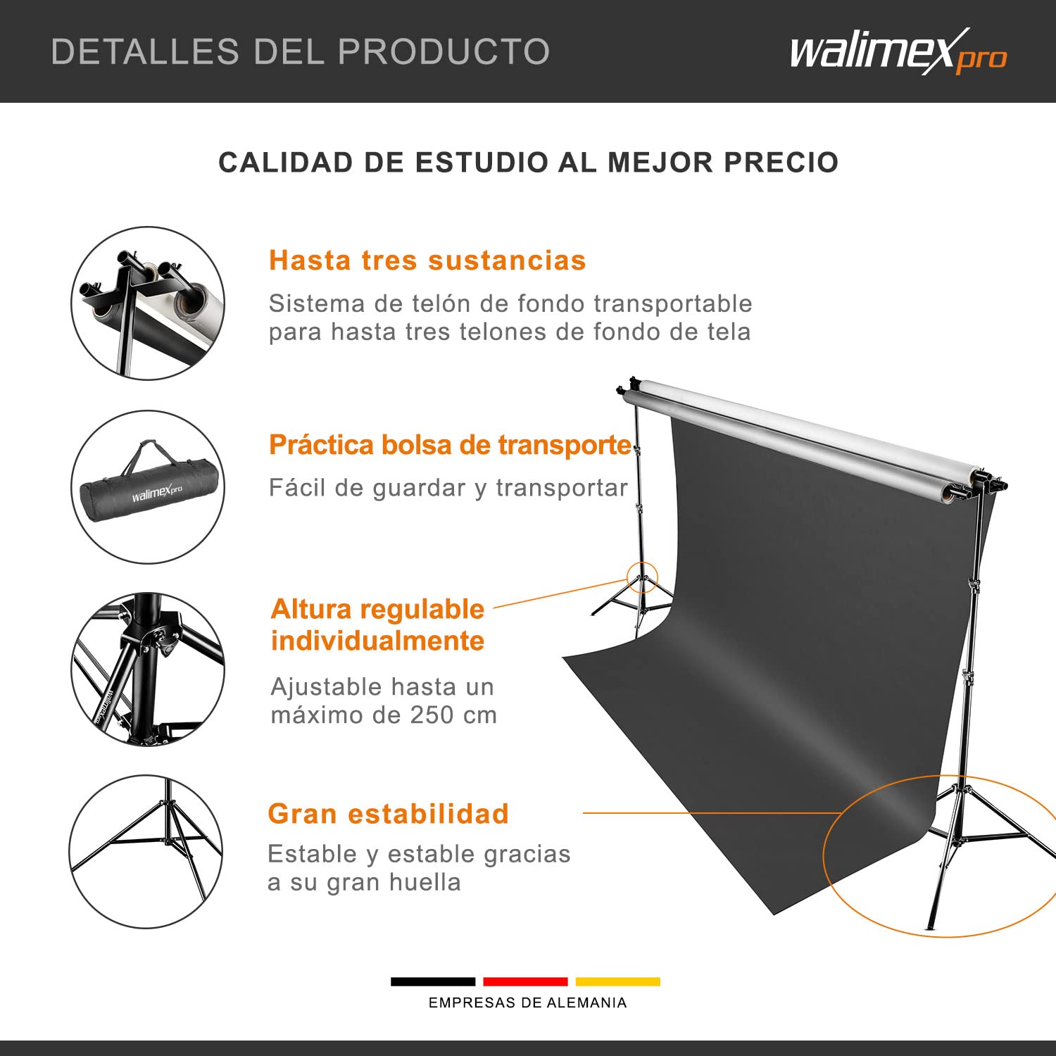 Walimex pro Sistema de fondo triple 145-290cm, para hasta 3 pantallas de papel y tela, sistema de fondo fotográfico estable para estudio y móvil, para fotografía, video y pantalla verde