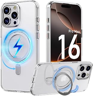 PRODELI ケース For iPhone 16 Pro Max 専用 カバー 360°回転スタンド MagSafe対応 米軍MIL規格 耐衝撃 指紋防止 ワイヤレス充電対応 落下防止 レンズ保護 擦り傷防止 マット感 リング マグネット搭載 スマホケース 対応 6.9インチ アイフォン 16 プロマックス 用 保護カバー（透明）