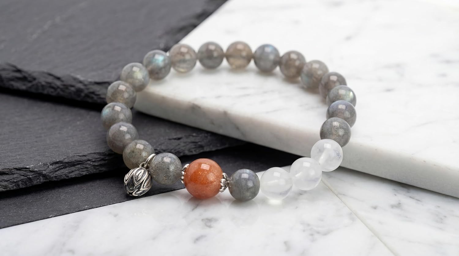 Natural Labradorite Sunstone White Crystal Beaded Bracelet with Silver Charm, Gemstone Stretch Bracelet