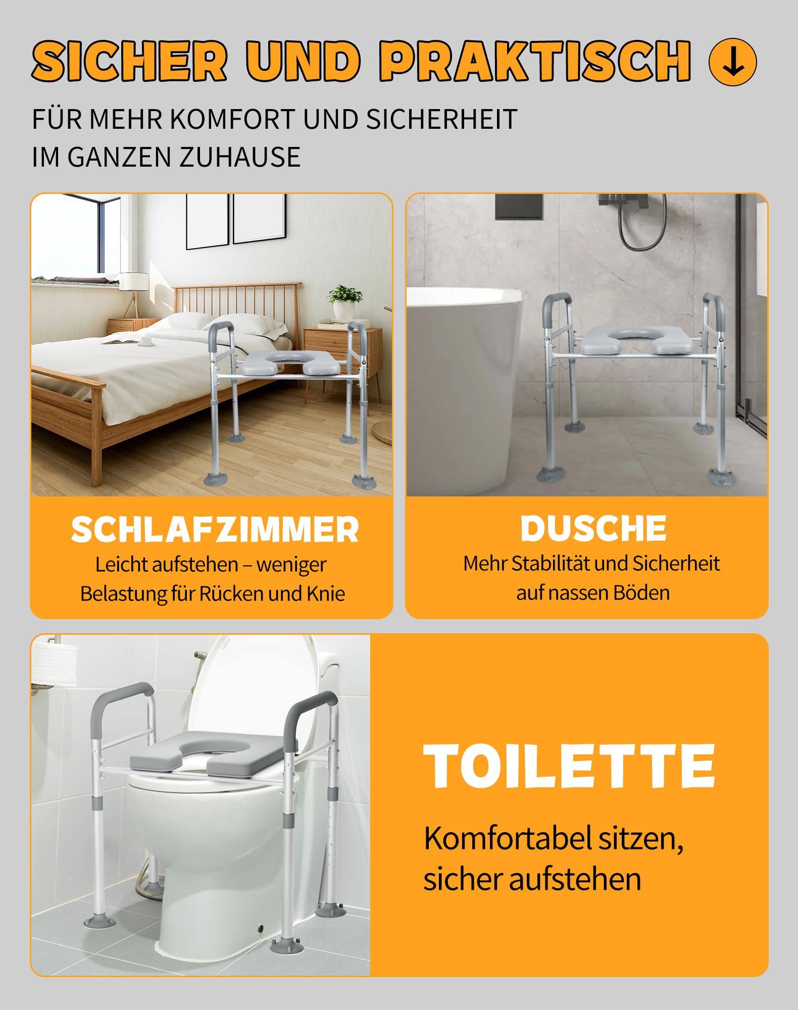 Podwyższenie deski sedesowej z podłokietnikami, regulacja wysokości siedziska – ergonomiczna pomoc w wstawaniu dla seniorów, kobiet w ciąży i osób z ograniczoną mobilnością, antypoślizgowe