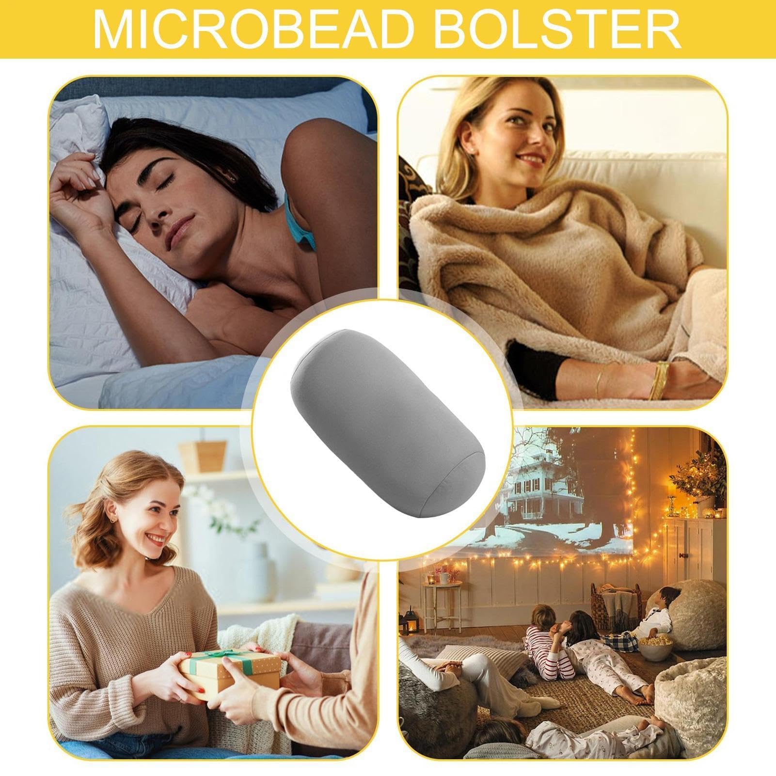 Almohada de microcuentas, cojín de viaje para soporte para el cuello, almohada corporal redonda para alivio de cabeza, cuello y espalda, diseño de tubo suave para uso doméstico o sobre la marcha