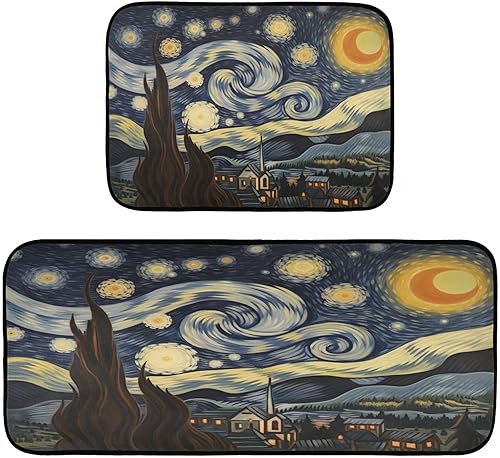 Kigai Van Gogh The Starry Night Art - Juego de 2 tapetes de cocina antideslizantes y lavables para la oficina, el hogar, cuarto de servicio