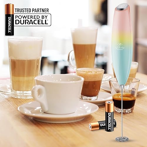 Vista 409 de Zulay Kitchen - Espumador de leche de mano con pilas AA Duracell: batidora de bebidas resistente para café, latte, capuchino y más, color aurora