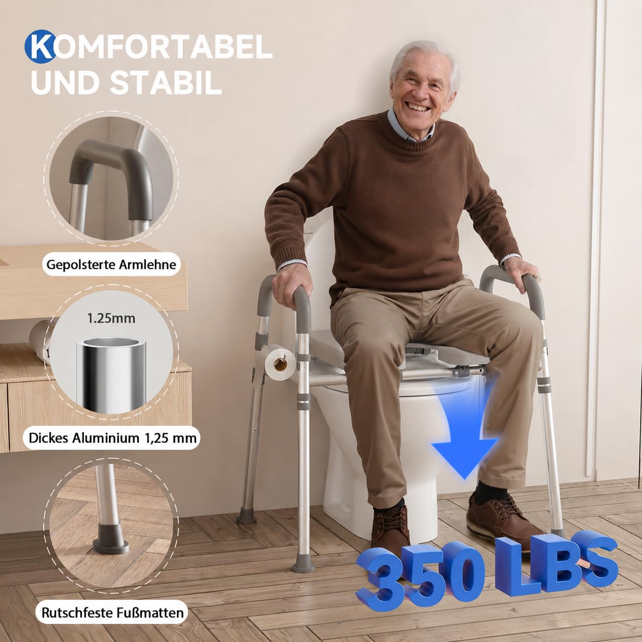 Loyoda Toilettensitzerhöhung mit Armlehnen, WC-Sitzerhöhung, Grau | Höhen- & breitenverstellbare Toilettenhilfe mit Aufstehhilfe für Senioren, Erwachsene & Schwangere, passend für gängige WCs
