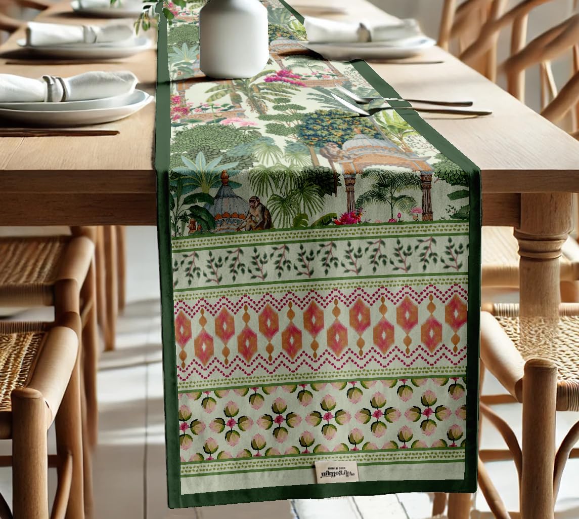 Tropical Design Cotton Table Runner by Vargottam - Double Layer with Border - Washable Runner - Decorative Table Linen for Dining & Everyday Use