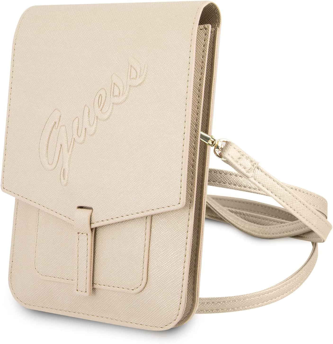 CG MOBILE Guess PU Saffiano Script Crossbody Wallet Bag with Adjustable Shoulder Strap, Slim Portable Phone Bag Suitable for Outdoor, Business, Office, School Officially Licensed (Gold)