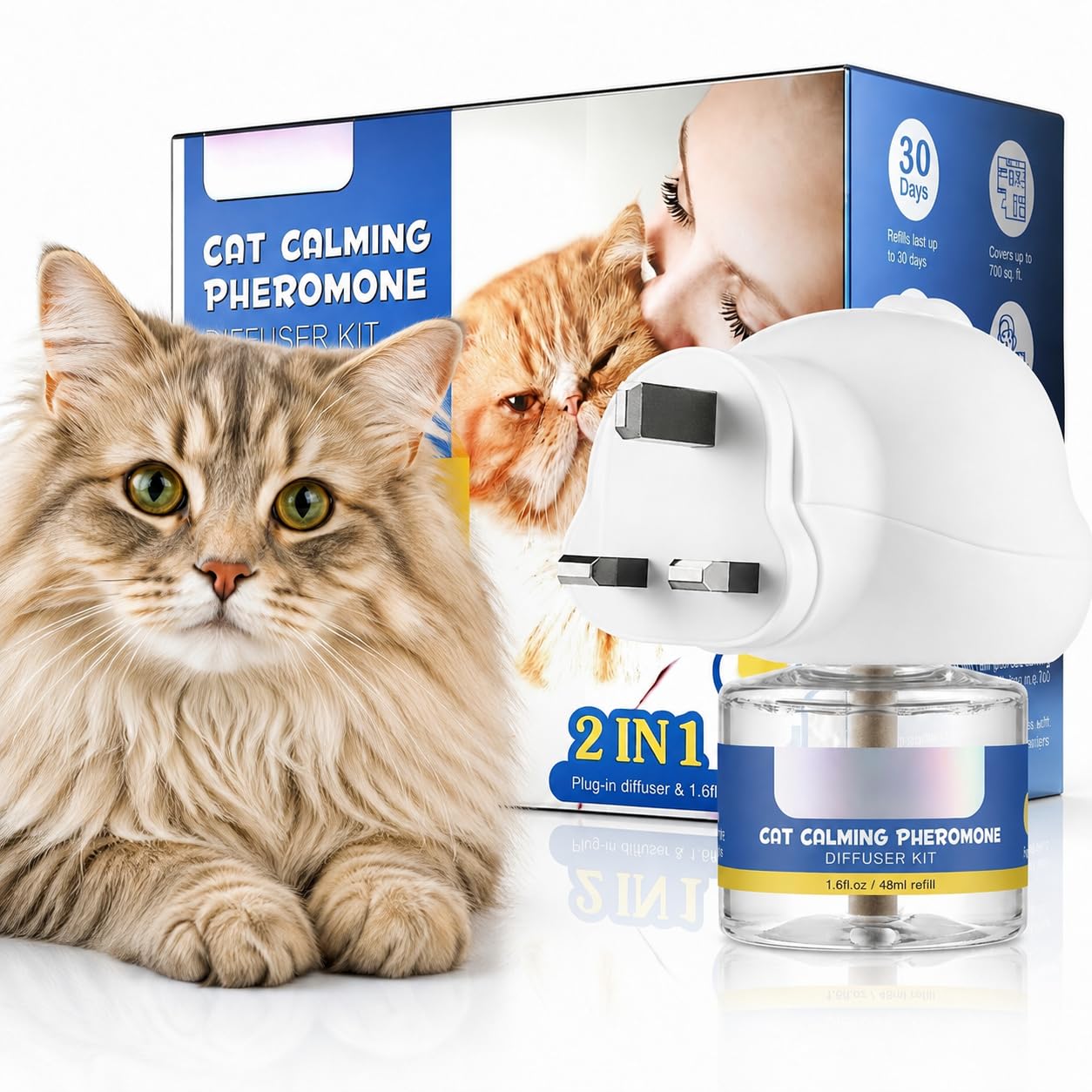 W-Direct Cat Calming Pheromone Plug In Diffuser Kit 2 in 1 Set - 30 Day Refill 48ml - Stress Relief for Cats, Multi Cat Homes, Scratching & Spraying Control