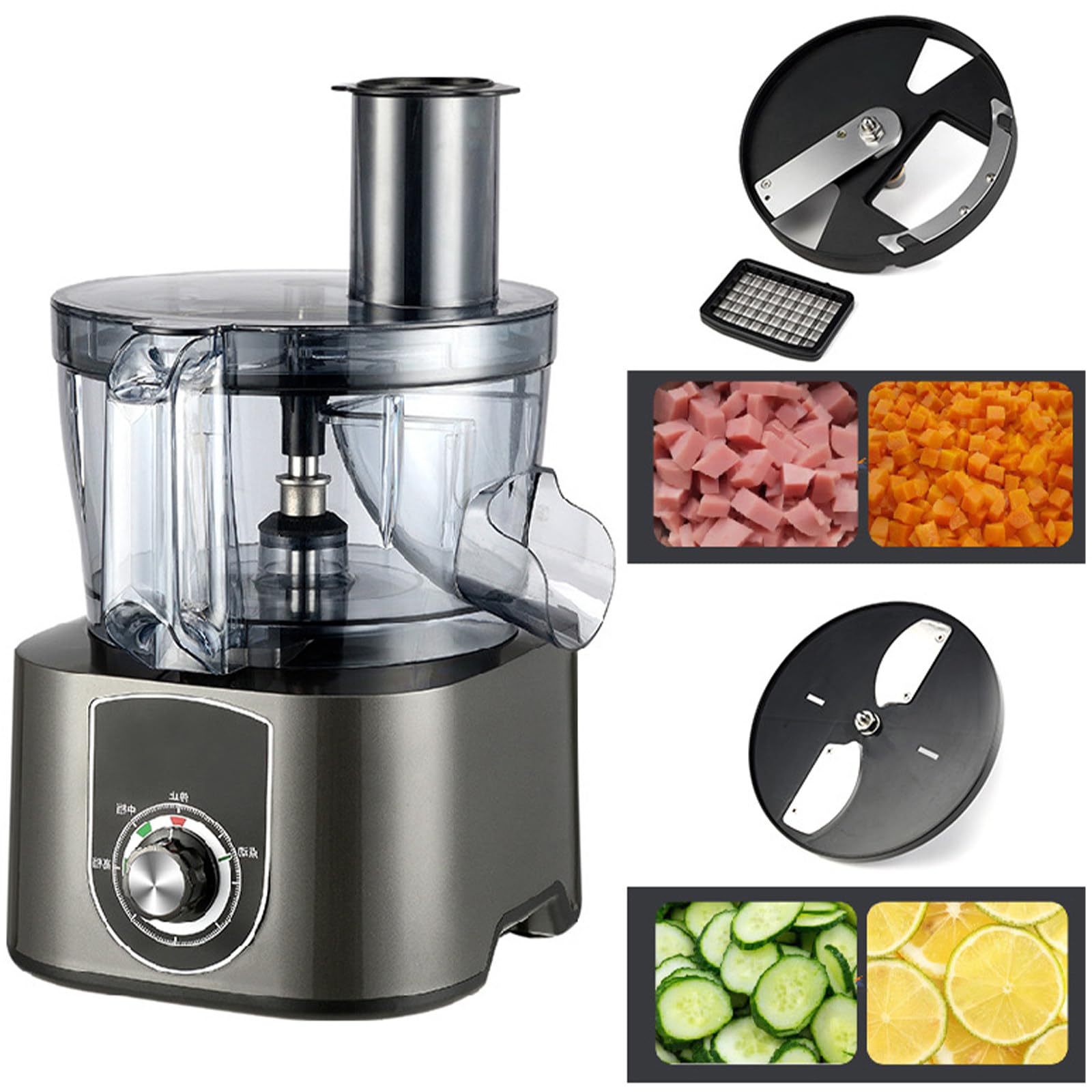 Picadora de verduras para uso doméstico comercial, con cuchillas de acero inoxidable, cortador automático de alimentos, máquina de corte de frutas, redes de cuchillos y cuchillas de rebanar, gris