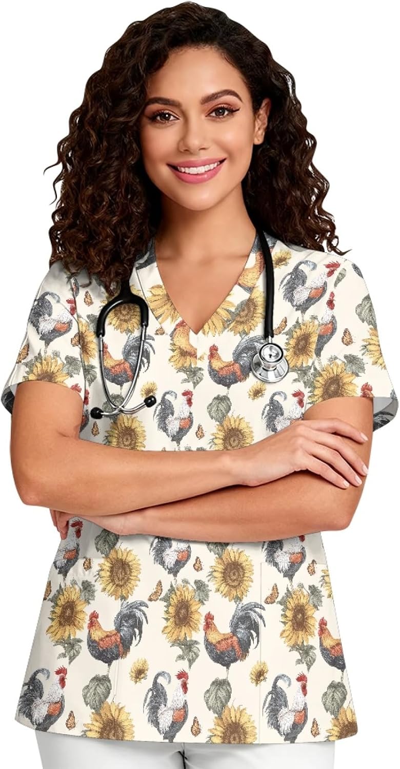 Scrub Tops Women Stretchy V Neck Printed Nurse Scrubs Breathable Daily Holiday Medical Work Uniform with Pockets