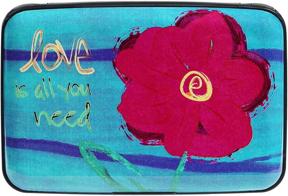 Aluminum Wallet RFID Blocking Metal Credit Card Holder Slim Hard Case (All You Need is Love with Flower)