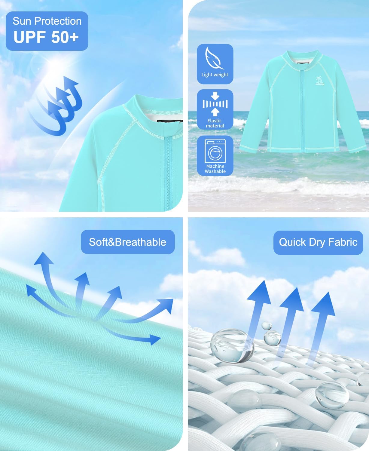 BesserBay Girls Rash Guard UPF 50+ Zip Up Raglan Long Sleeve Adjustable Drawstring Swim UV Jacket 4-14 Years - Image 4