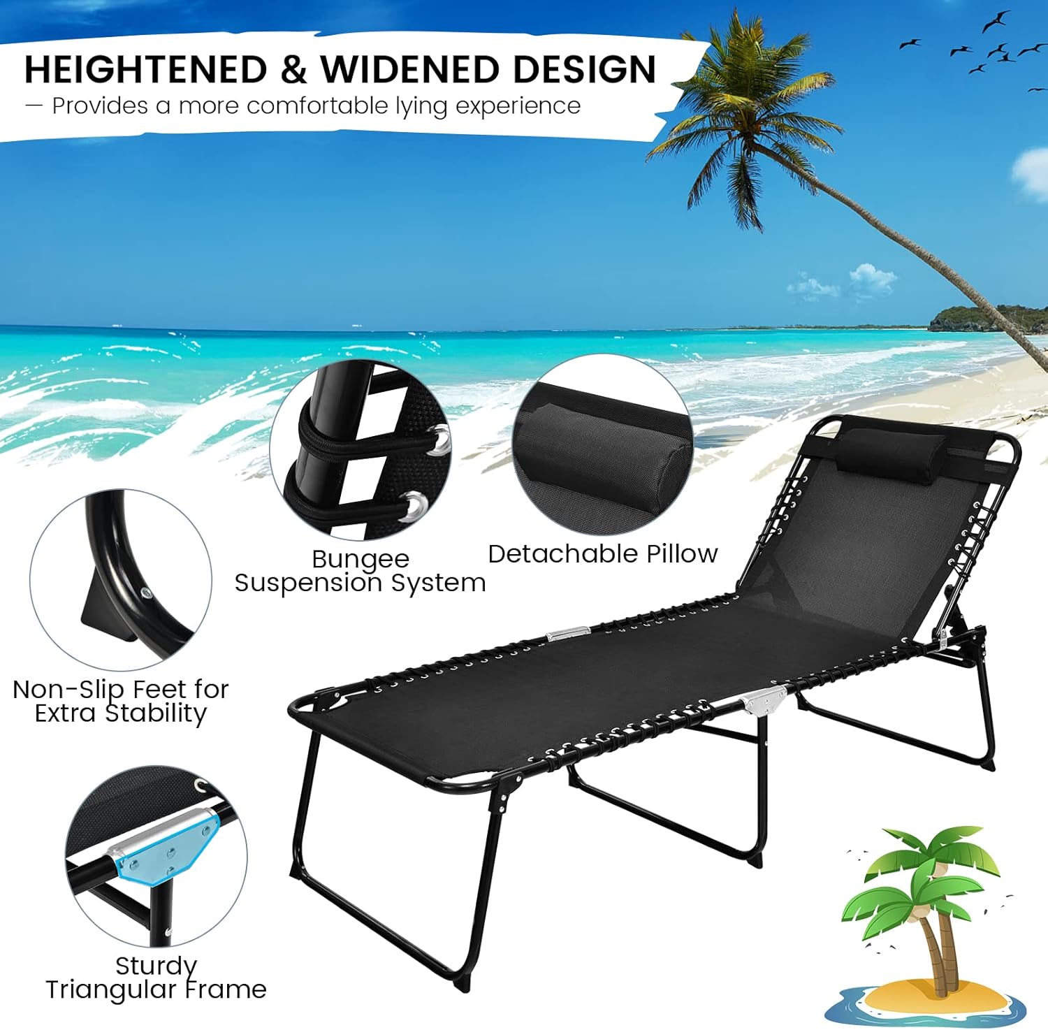 Goplus Chaise Lounge Chair Outdoor, Extra Large Folding 5-Postion Beach Lounge Chair with Detachable Pillow, Side Pocket, Sunbathing Lounge Chair, Adjustable Tanning Chair for Patio Lawn Pool Yard