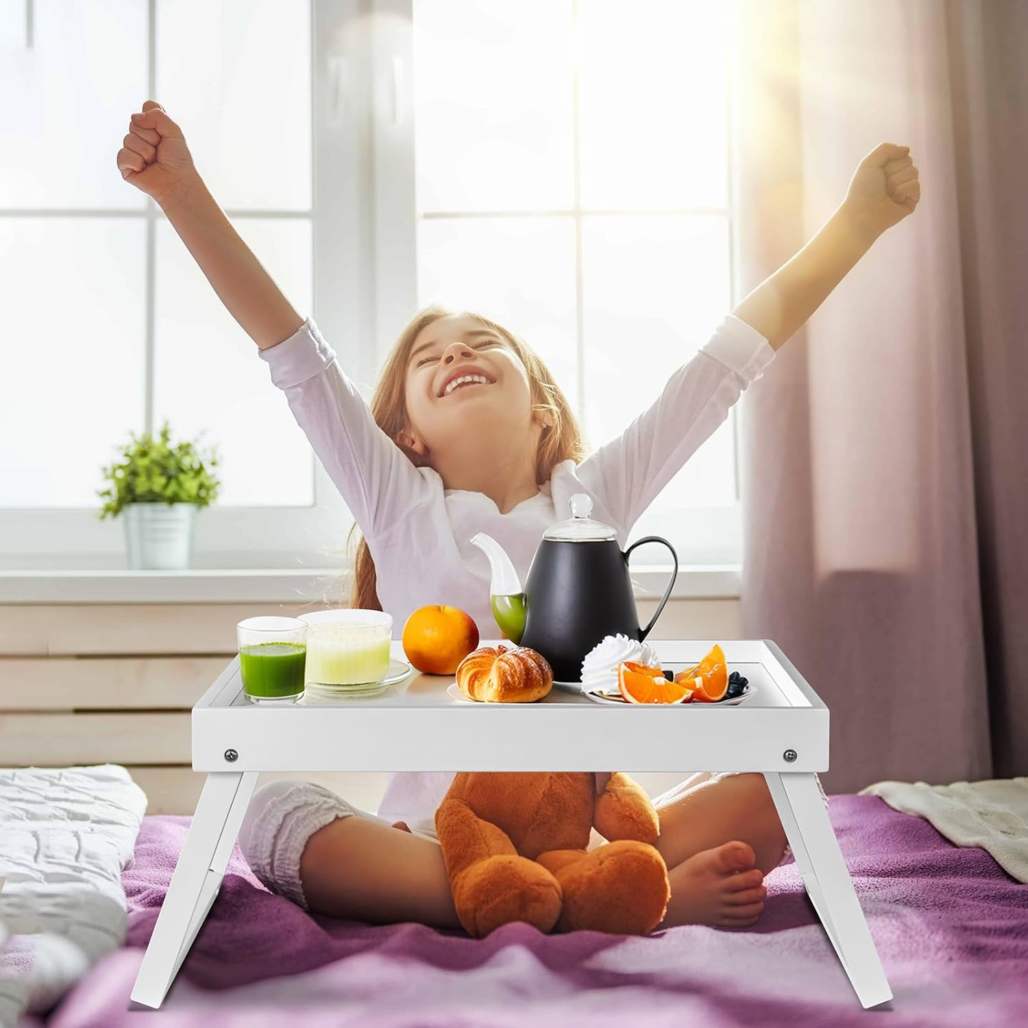 Bamboo Bed Tray Table with Folding Leg, Breakfast in Bed Tray for Kitchen,Eating,TV Table, Laptop Computer,Snack,Sofa or Working, Laptop Desk, 2 Pack(White)