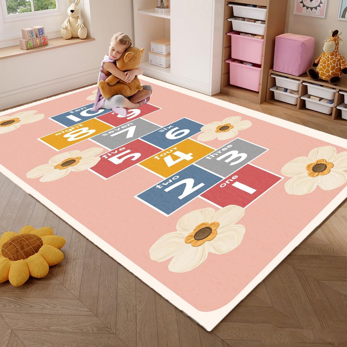 Hopscotch Rug for Kids - Non-Slip Indoor Play Mat for Boys & Girls 0-12, Classroom Rug for Kindergarten, Bedroom, Playroom(Pink, 2.6×5.9ft)