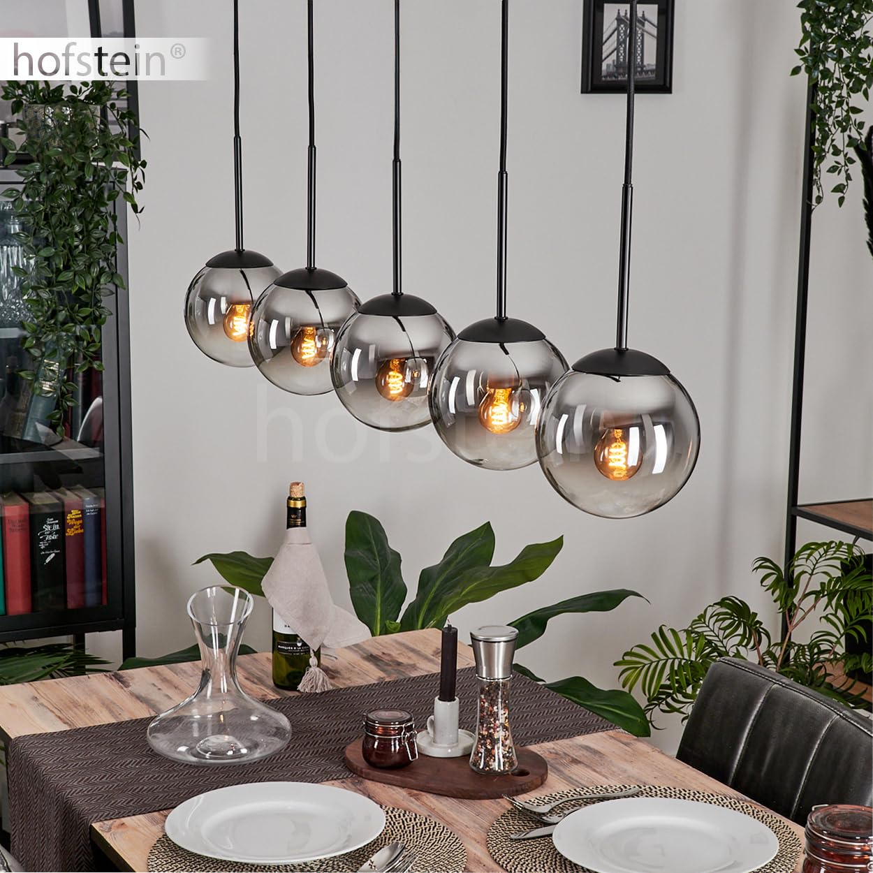 Gastor Pendant Light, Metal/Glass Pendant lamp in Black/Chrome Colour/Clear, Vintage/Retro Design with Glass Shades (Ø 15 cm), max. Height 150 cm, 5 x E27, Without Bulbs