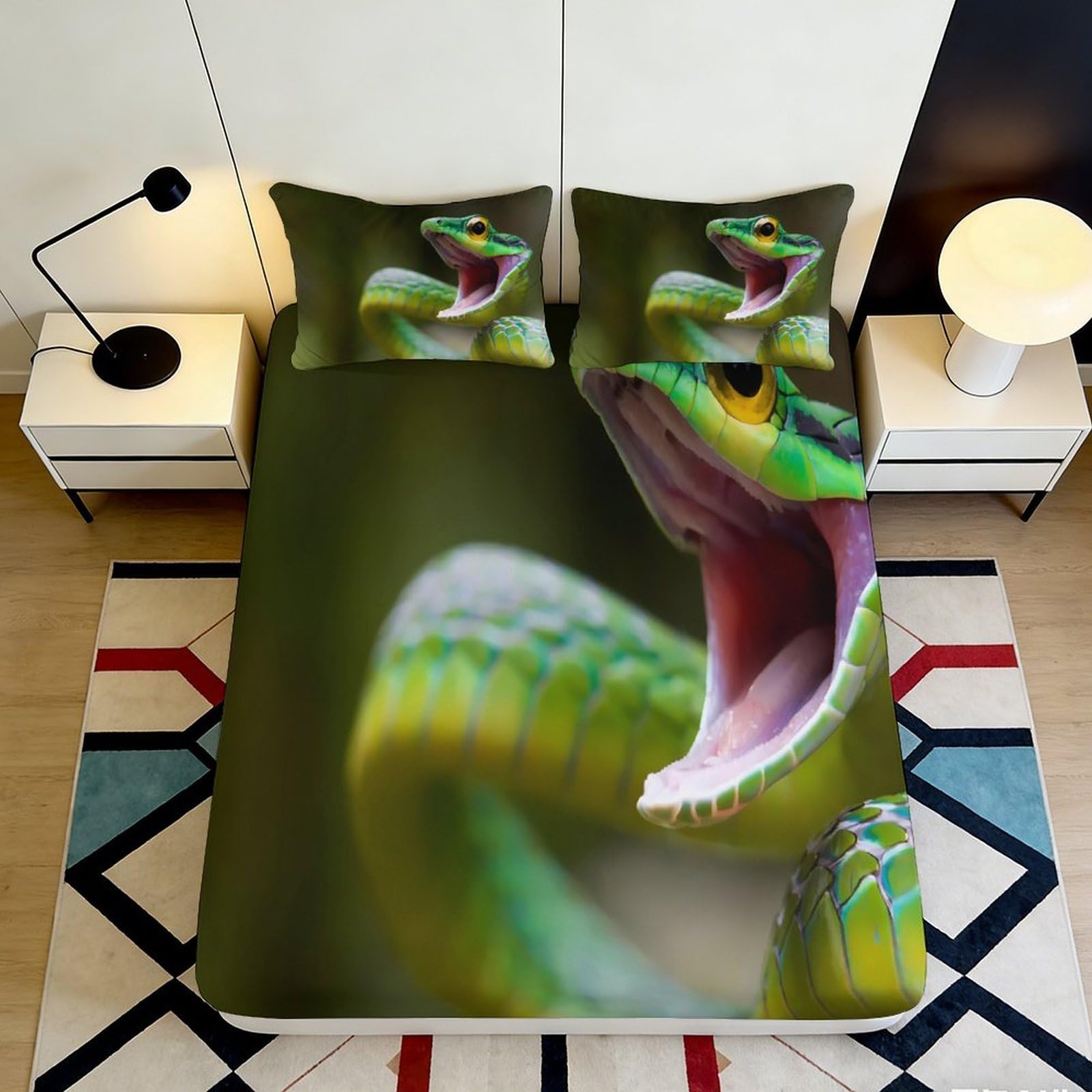 3D Printed Green Snake Fitted Sheet Microfiber Soft Breathable Open Mouth Snake Bed Cover for Bedroom Dormitory Guest Room Mattress Protection 160x200x25cm