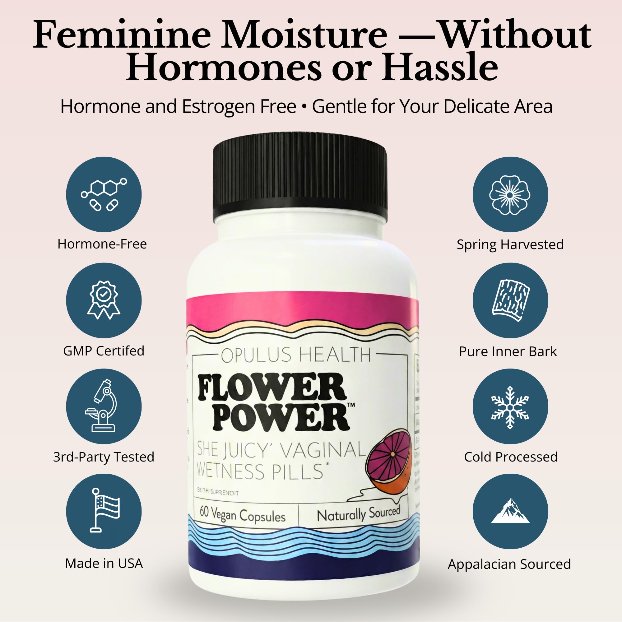 Flower Power Capsules for Feminine Dryness & Feminine Wellness | Slippery Elm for Women | Supports Dryness from Stress & Menopause | Vegan & Cruelty Free | 60 Count | Made in USA