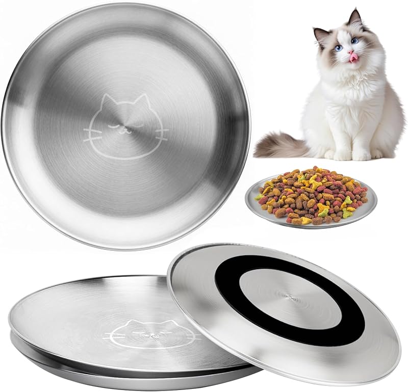 Stainless Steel Cat Bowls, 4 Pcs Shallow Cat Bowl Whisker Fatigue Dishes with Non-Slip Bottom, 6.7" Cats Food and Water Bowl Set for Wet & Dry Food(13OZ)