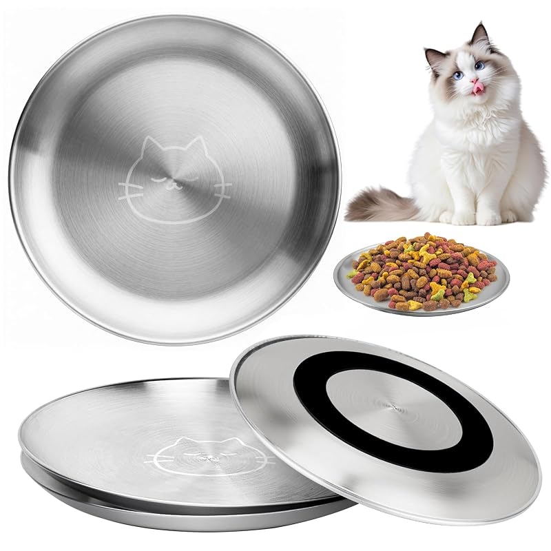 Potes para Gatos em Aço Inoxidável com Base Antiderrapante, Tigelas Rasas 6,7" para Alimento e Água, Draupnir, Pacote com 4 – 13 oz