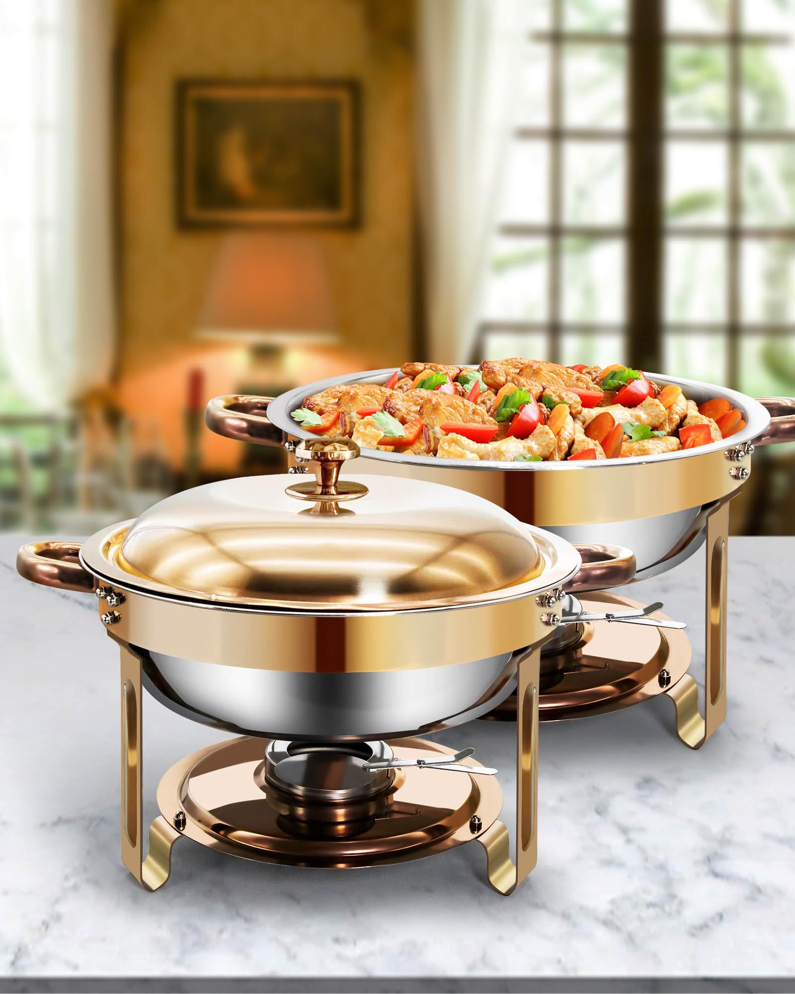 Chafing Dish Buffet Set 6L[Robust und hochwertig],2pcs contenitori in acciaio inox [Eleganti Rosa Oro e Argento] Calco più caldo per per Feste, Catering ed Eventi （Rullo Bordo Design）