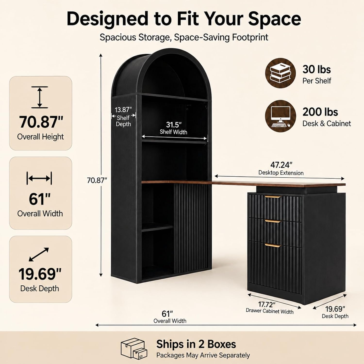  61" L Shaped Desk with Arched Bookshelf Hutch, Black Corner Computer Desk with Power Outlets, 3 Drawers, File Cabinet and Sliding Door Storage for Home Office thumbnail