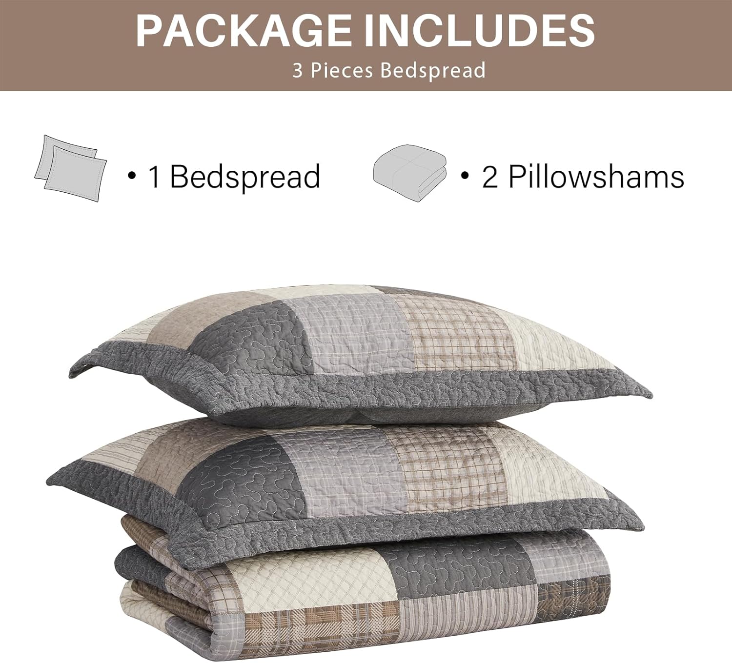 Quilta 100% Cotton XL Oversized King Bedspread Set - Farmhouse Plaid Rustic Quilt 120"x120"- Four Seasons Soft Lightweight Comforter,3pcs with 2 Pillowshams, Gray/Beige/Charcoal/Brown
