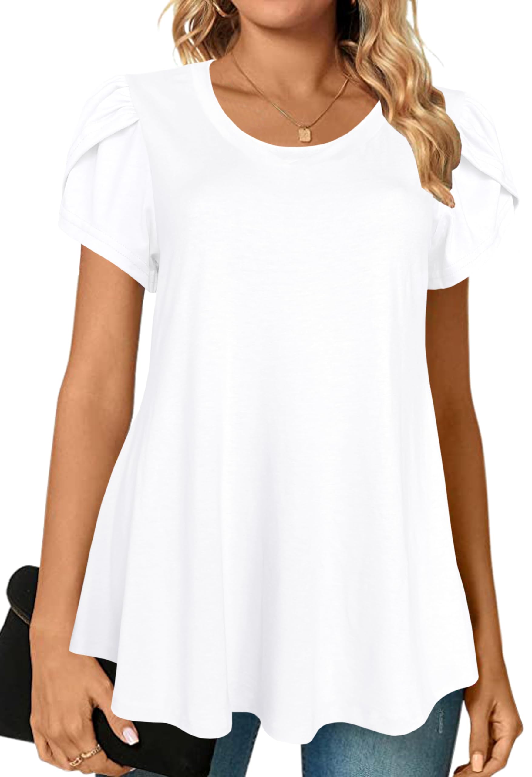Afibi Womens Summer Crew Neck Loose Dressy Shirts Petal Short Sleeve Tunic Tops